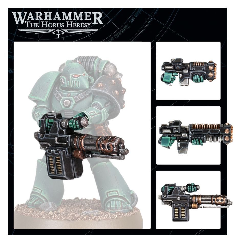 Horus Heresy Legiones Astartes Special Weapons showcase, a Legionary holding one plus three close-ups