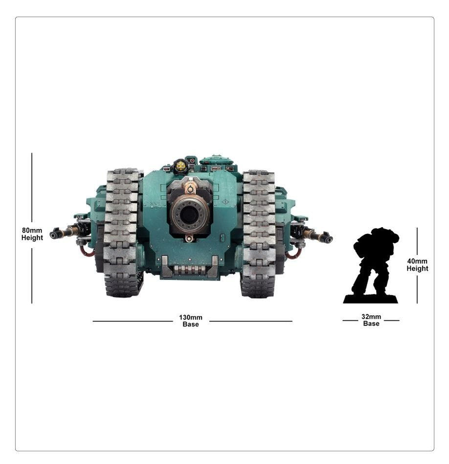 Typhon Heavy Siege Tank size guide beside a Space Marine silhouette with dimensions