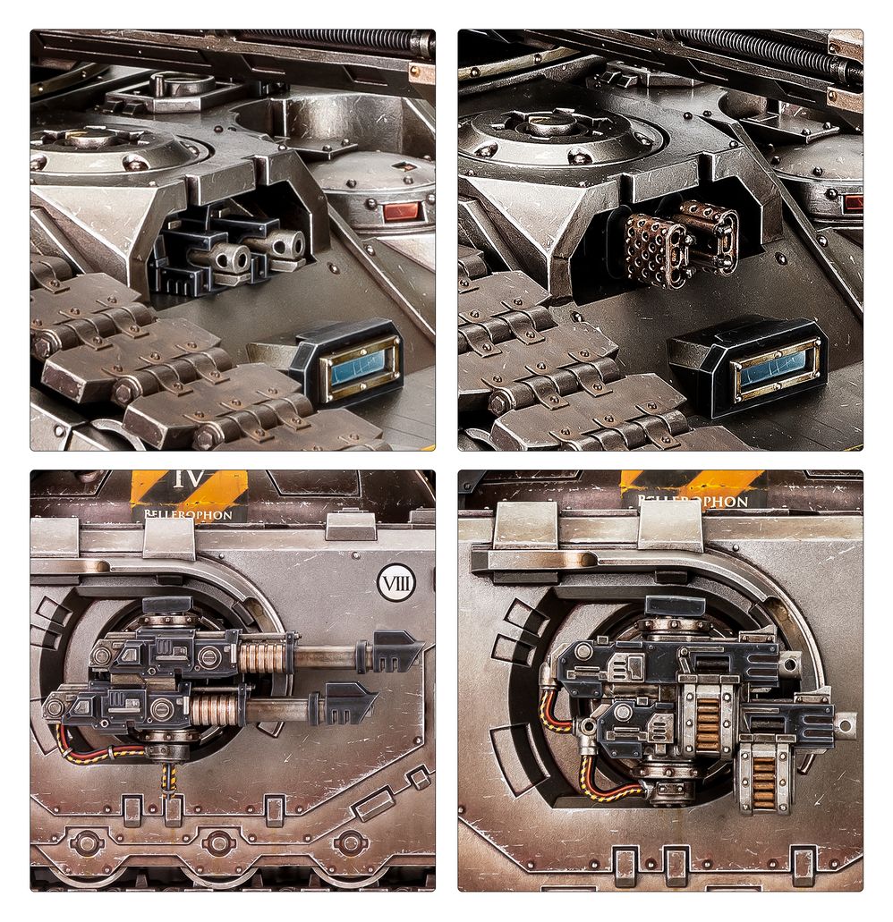 Close-ups of the Glaive tank's alternative sponson and hull weapon options, painted in gunmetal