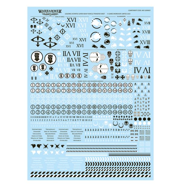 Legiones Astartes super-heavy vehicle transfer sheet with Legion numerals and icons for the Glaive