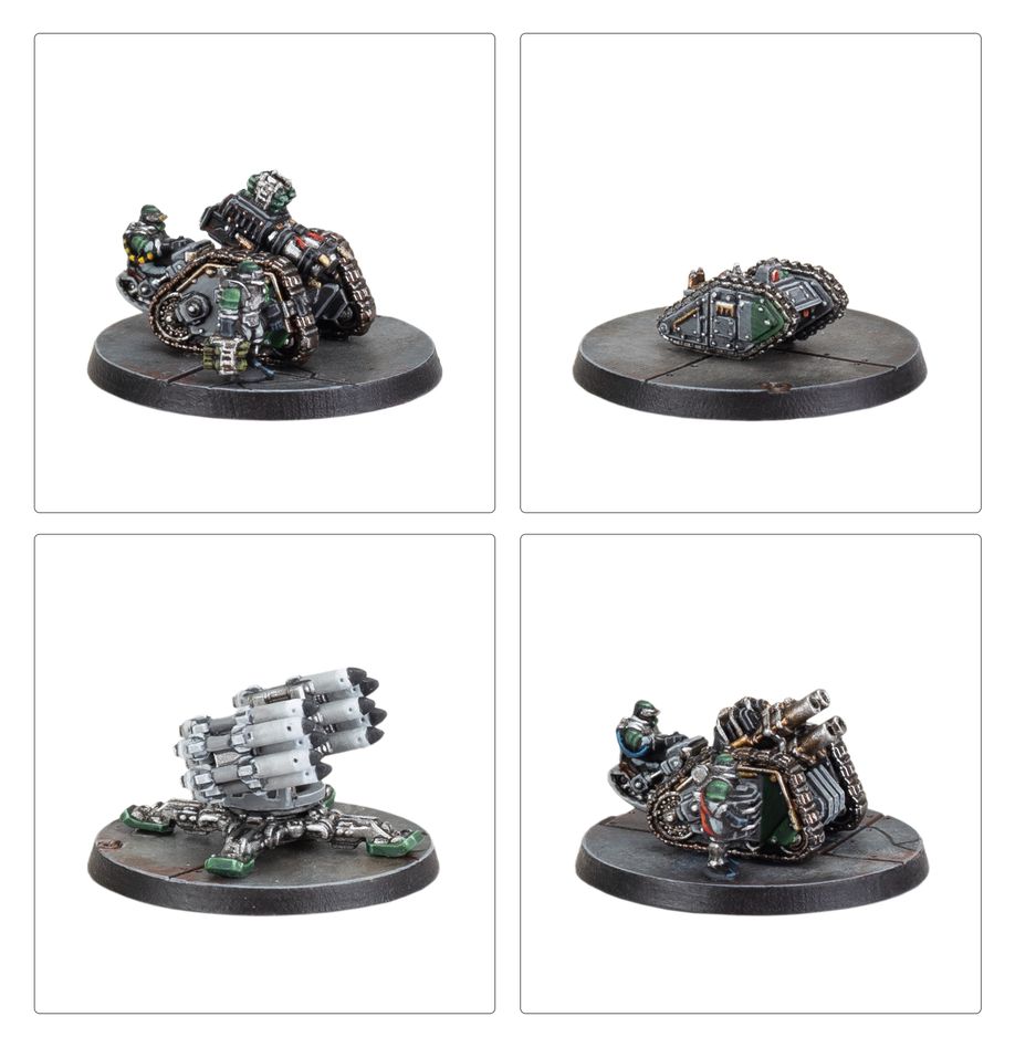 Close-ups of four painted Solar Auxilia crewed weapons platforms and a remote mine