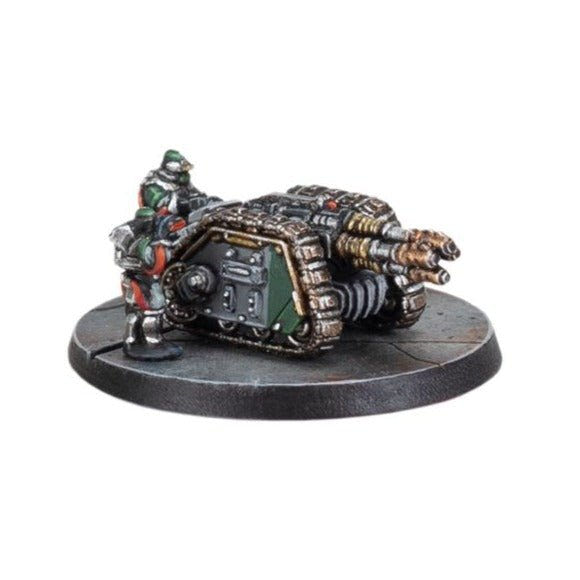 Close-up of a painted Solar Auxilia crewed heavy weapon platform in epic scale