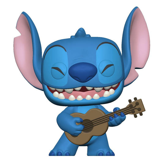 Funko Pop! Disney Lilo & Stitch figure of Stitch playing a ukulele with a big grin