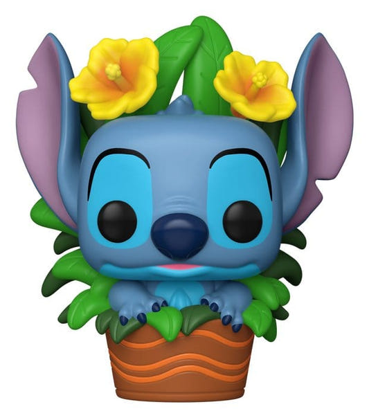 Funko Pop! Stitch vinyl figure from Lilo & Stitch sitting in a flower pot with yellow hibiscus