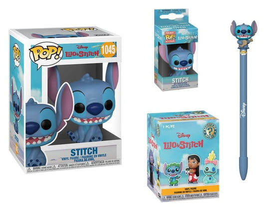 Funko Lilo & Stitch bundle contents: boxed Stitch POP!, keychain, Mystery Mini and Stitch pen topper