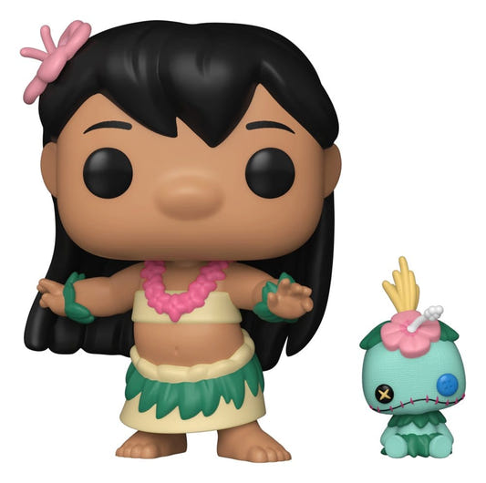 Funko POP! Hula Lilo in grass skirt and lei standing beside her doll Scrump