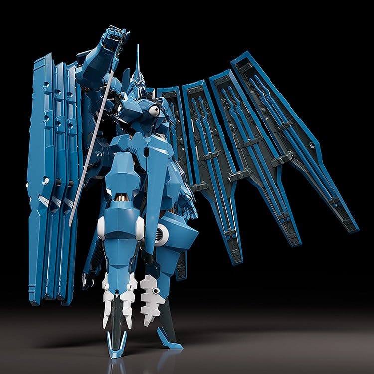 MODEROID Vardant from Linebarrels of Iron holding a long sword, binder spread, on dark background