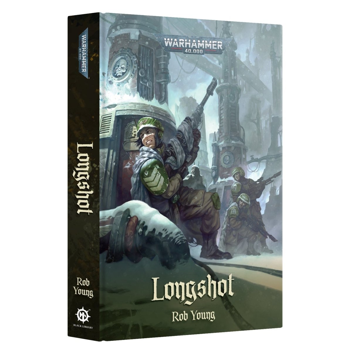 Warhammer 40k Longshot board game box by Rob Young, featuring a sci-fi illustration of soldiers in a ruined city on the cover, shown at a three-quarter angle against a plain white background.