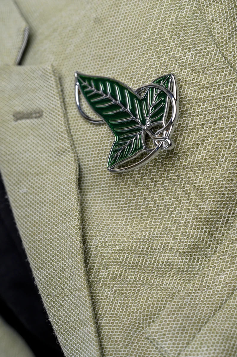 Elven Leaf Pin Brooch replica worn on a jacket lapel, close lifestyle shot