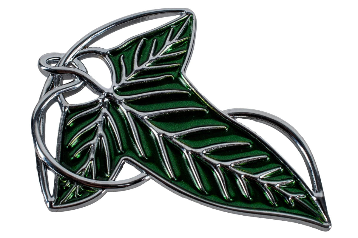 Angled view of the Lord of the Rings Elven Leaf Pin Brooch showing its green enamel veins