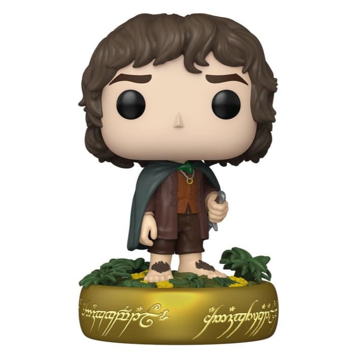 Funko POP! Frodo Baggins vinyl figure standing on a gold One Ring base, out of the box