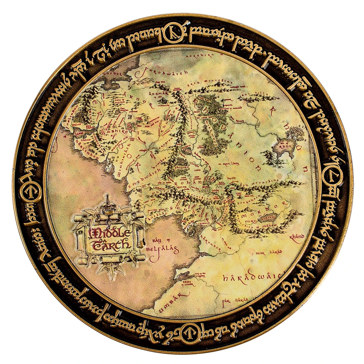 Lord of the Rings deluxe coin face showing a coloured map of Middle-earth