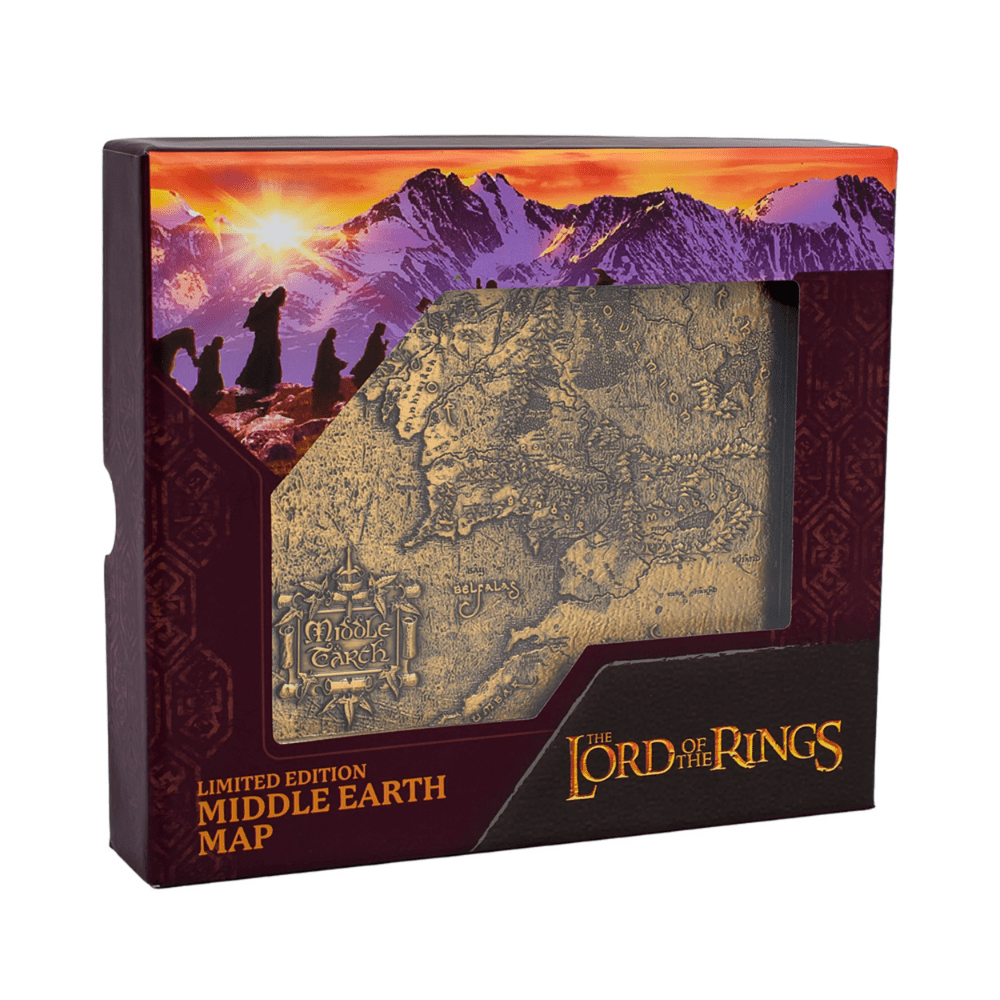 Lord of the Rings Middle-earth metal map in gold with antiqued finish and display stand