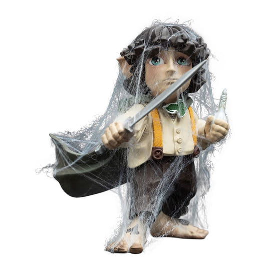 Weta Workshop Mini Epics Frodo Baggins figure wrapped in spider web, holding Sting and the phial
