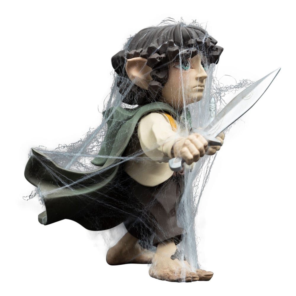 Frodo Baggins Mini Epics figure by Weta Workshop, side view with Sting and web-covered cloak