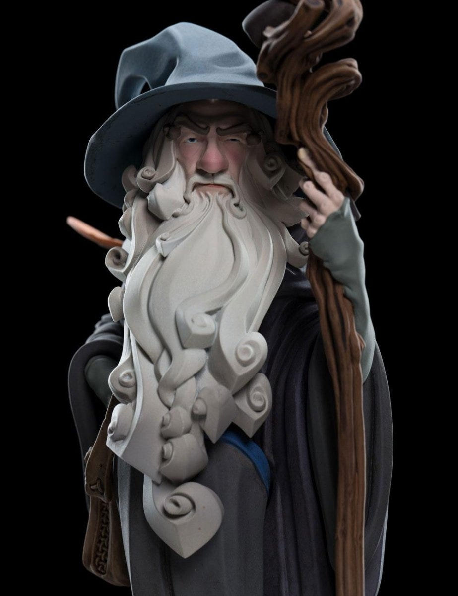 Close-up of Gandalf the Grey's beard, hat and wooden staff on the Weta Workshop Mini Epics figure