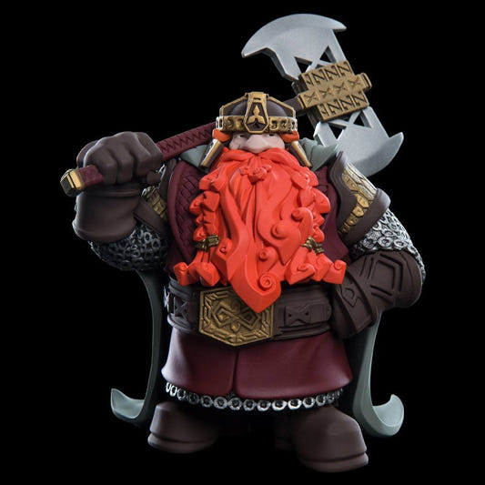 Weta Workshop Mini Epics Gimli vinyl figure with red beard and axe over his shoulder, front view