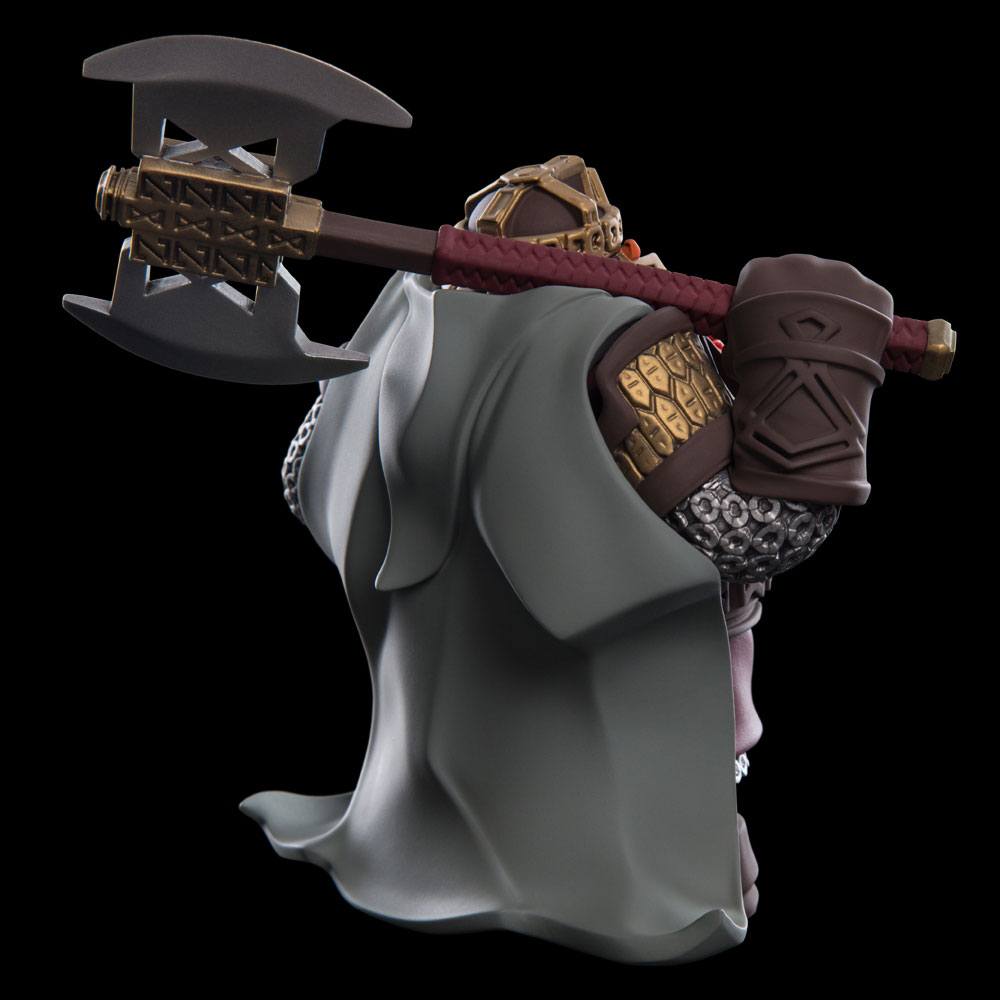 Rear view of the Weta Workshop Gimli Mini Epics figure with his double-bladed axe and cloak