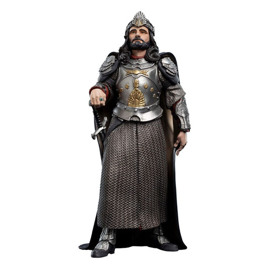 Weta Workshop Mini Epics King Aragorn vinyl figure in royal armour, crown and black cape, front view