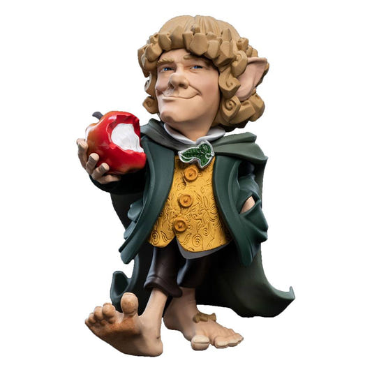 Weta Workshop Mini Epics Merry vinyl figure holding a bitten red apple, green cloak and gold waistcoat