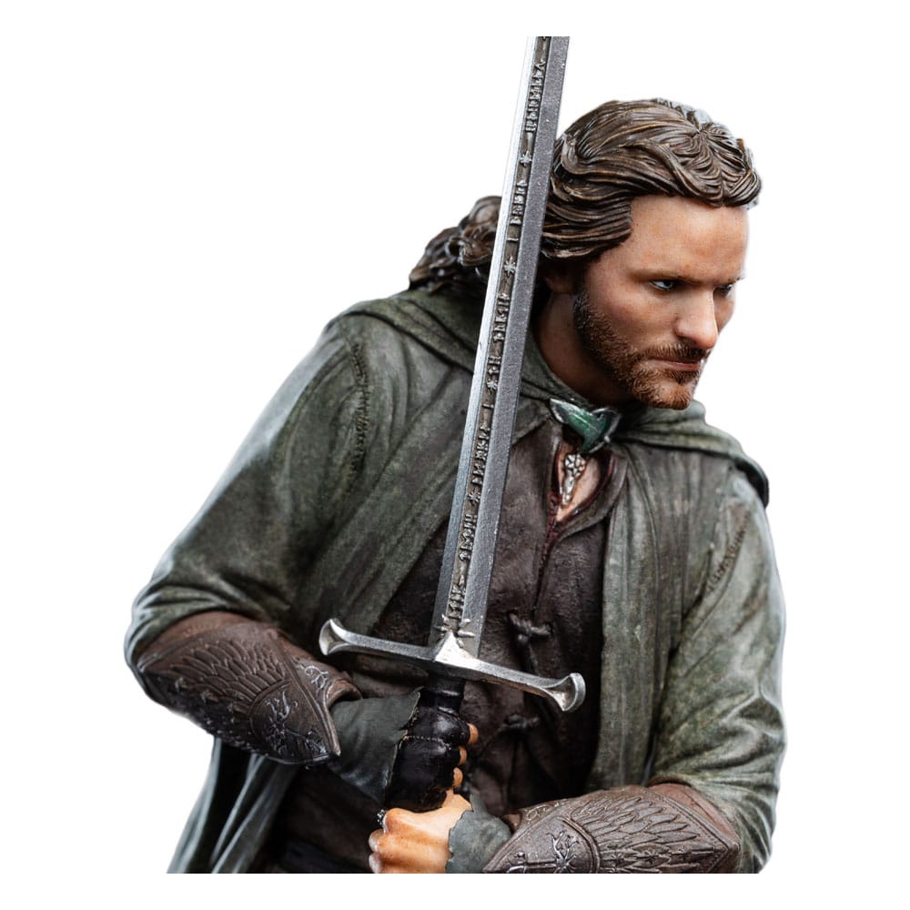 Close-up of Weta Workshop Aragorn statue face, beard and Andúril hilt
