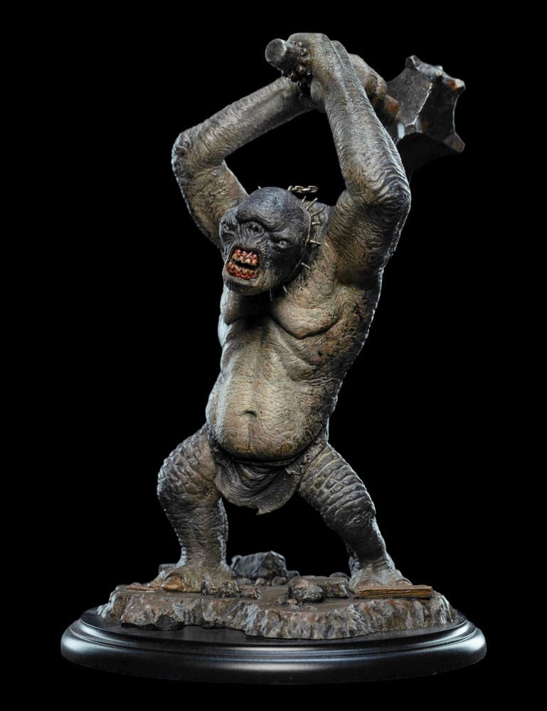 Cave Troll mini statue front three-quarter view, mouth open in a roar