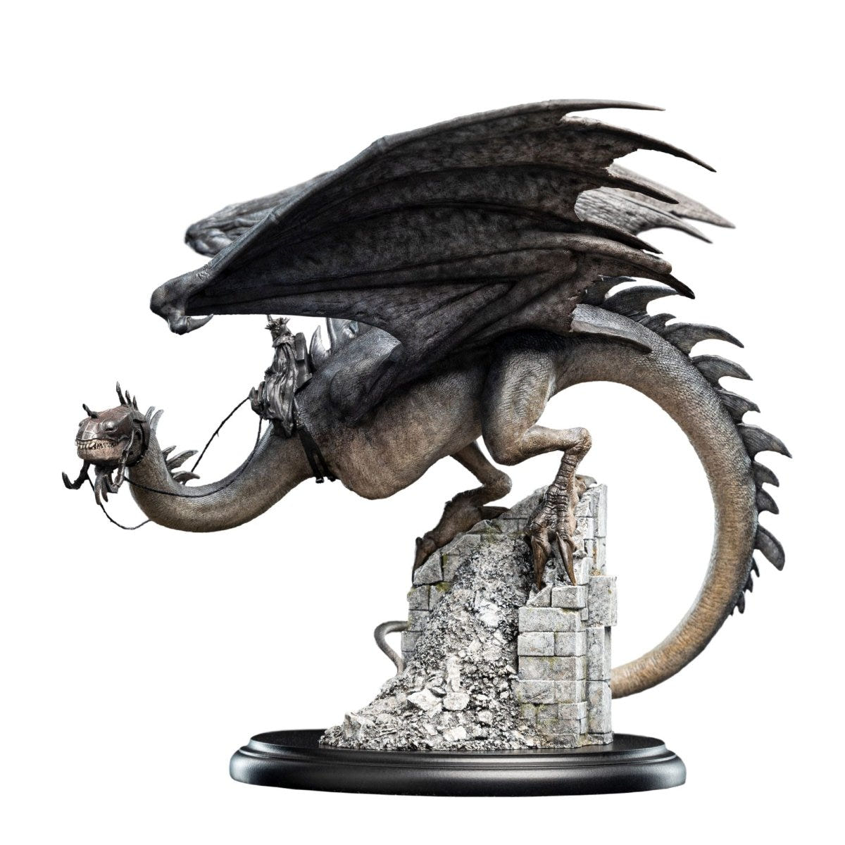 Weta Workshop Lord of the Rings Fell Beast mini statue with Nazgûl rider, perched on Osgiliath ruins