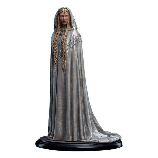 Weta Workshop Galadriel mini statue, the Lady of Lothlórien in a hooded silver-grey cloak, front view