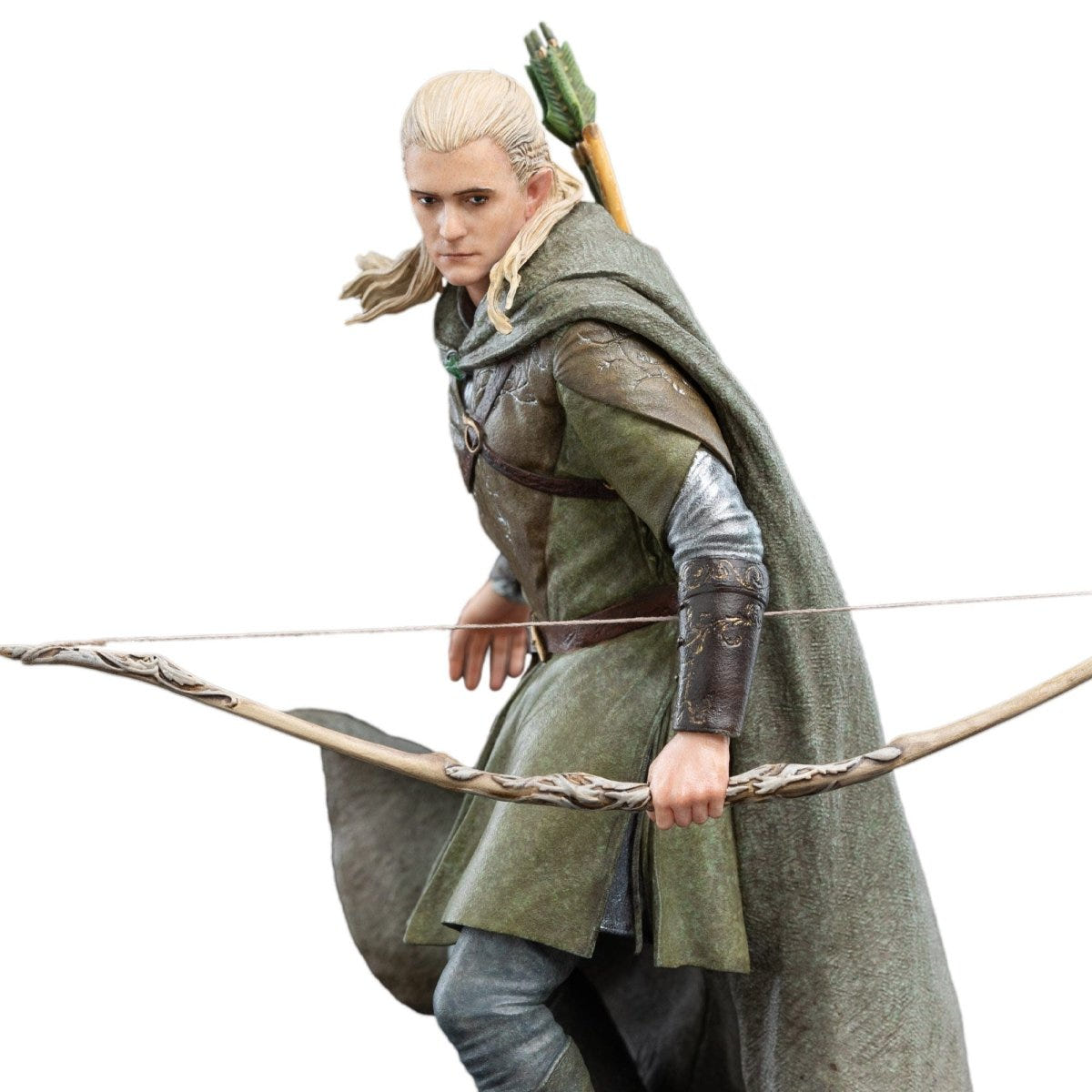 Close-up of the Weta Workshop Legolas mini statue's face, tunic and elven bow