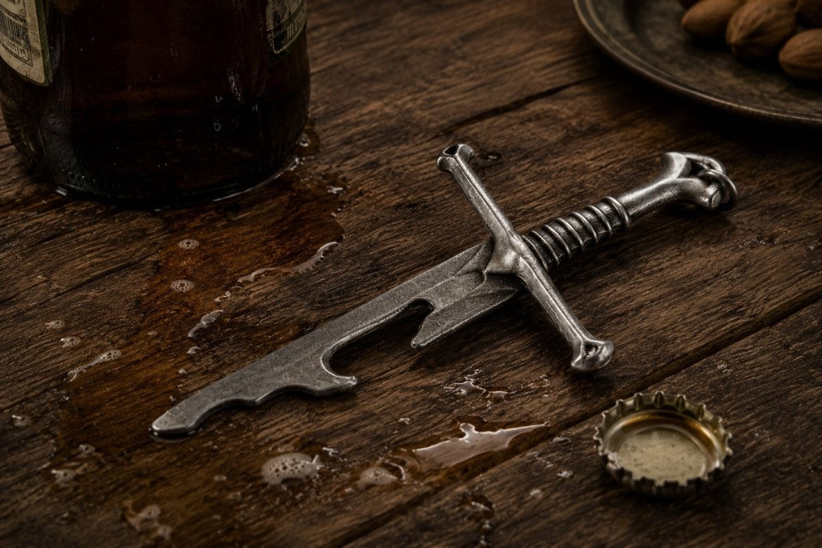Narsil sword bottle opener lying on a rustic wooden table after opening a drink