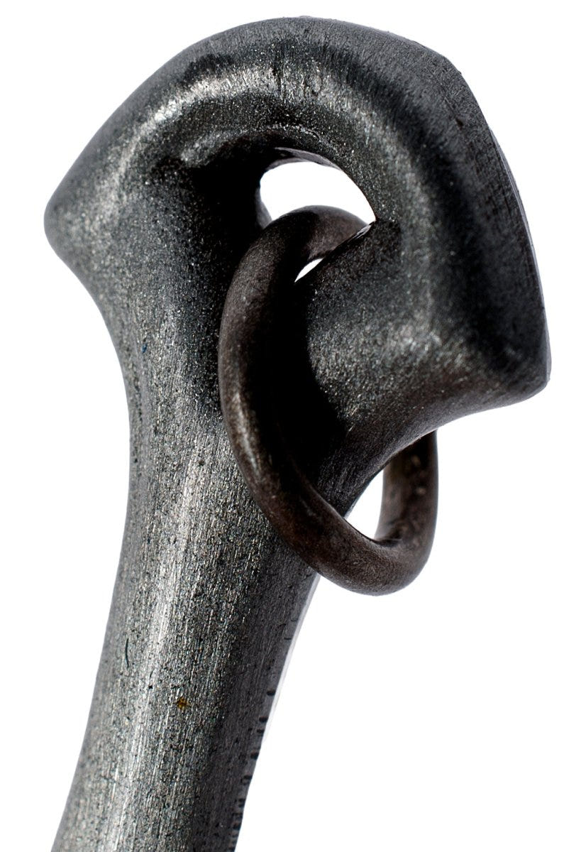 Close-up of the antiqued metal pommel on the Narsil sword bottle opener