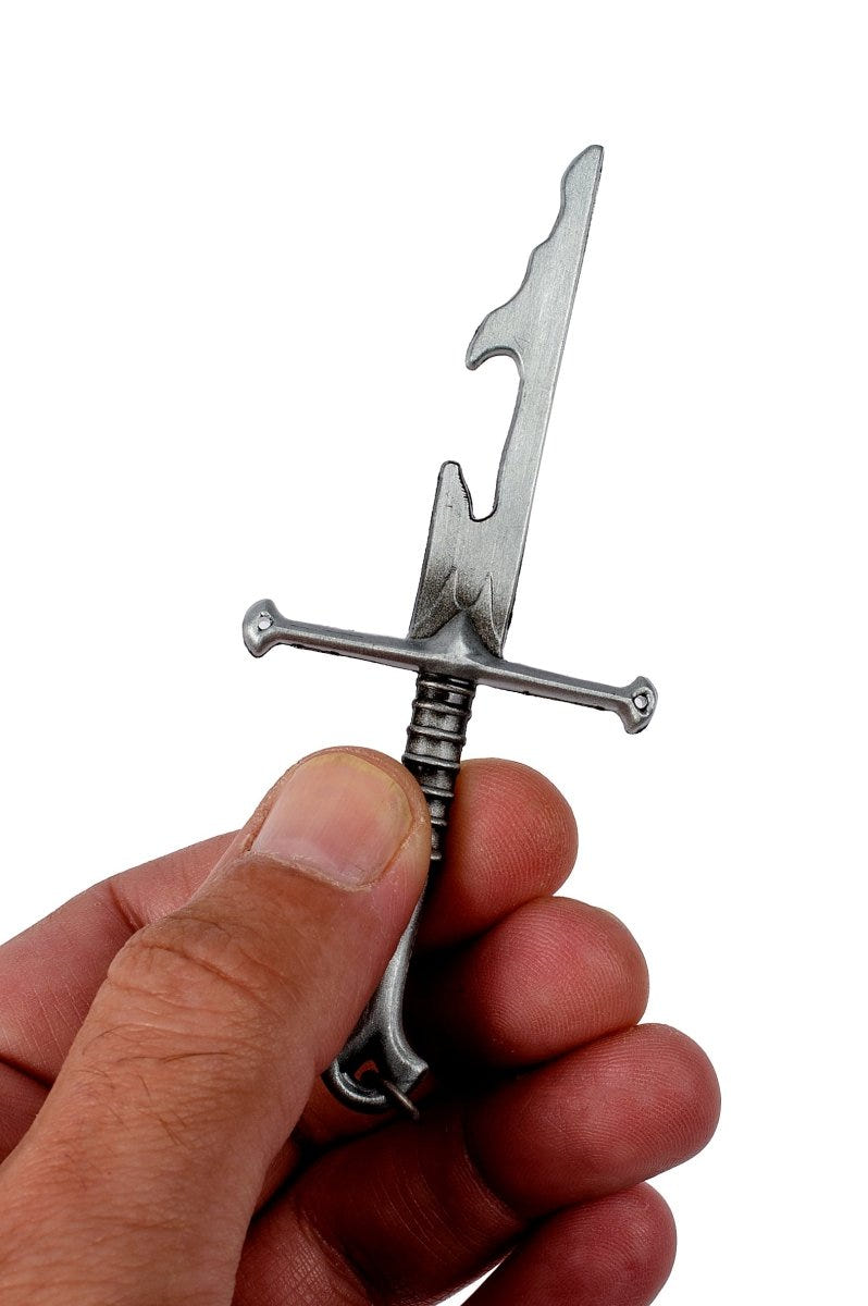 Narsil sword bottle opener held upright in a hand to show its size