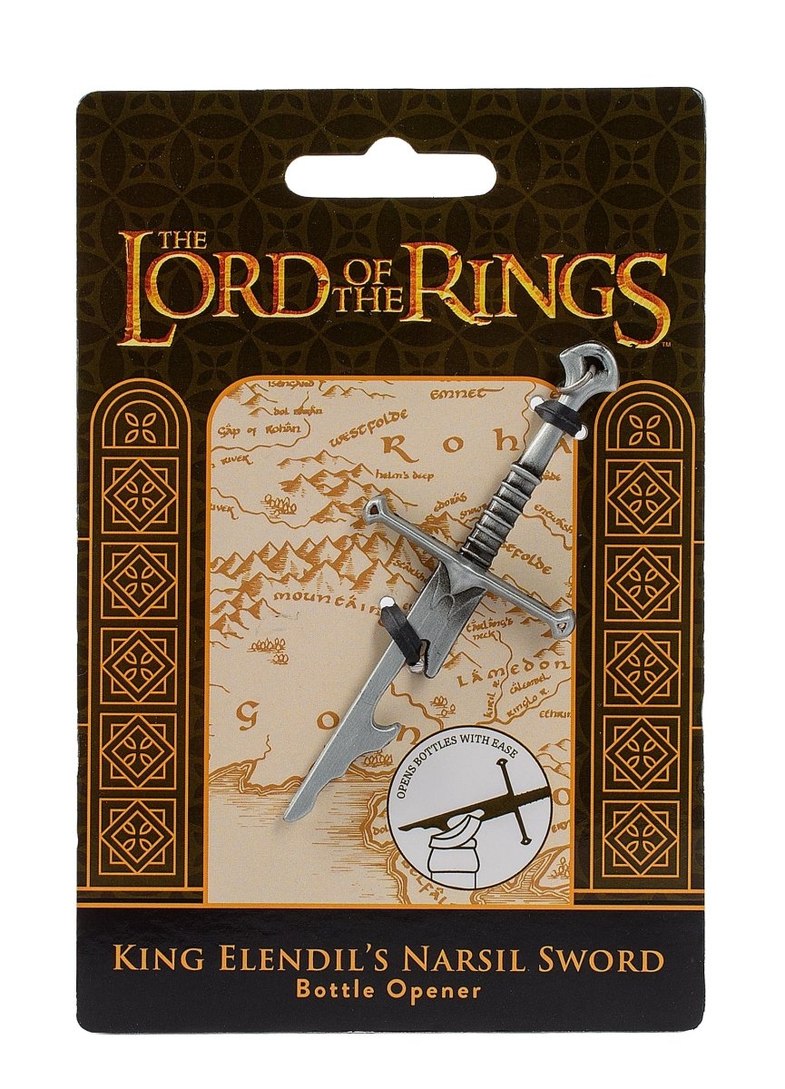 Lord of the Rings Narsil sword bottle opener on its gift card with a map of Middle-earth