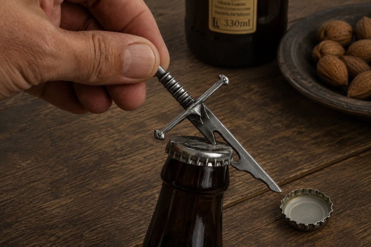 Hand opening a beer bottle with the Lord of the Rings Narsil bottle opener
