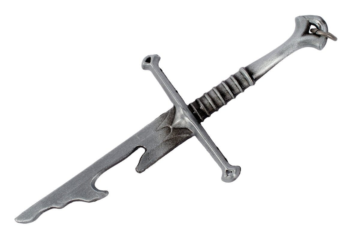 Lord of the Rings Narsil sword bottle opener in antiqued silver metal with cross-guard and ridged grip