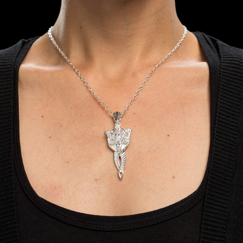 Woman wearing the Weta Workshop Lord of the Rings Evenstar sterling silver pendant and chain