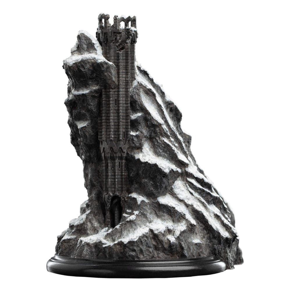 Zirakzigil environment by Weta Workshop, angled view of Durin's Tower on the snowy peak