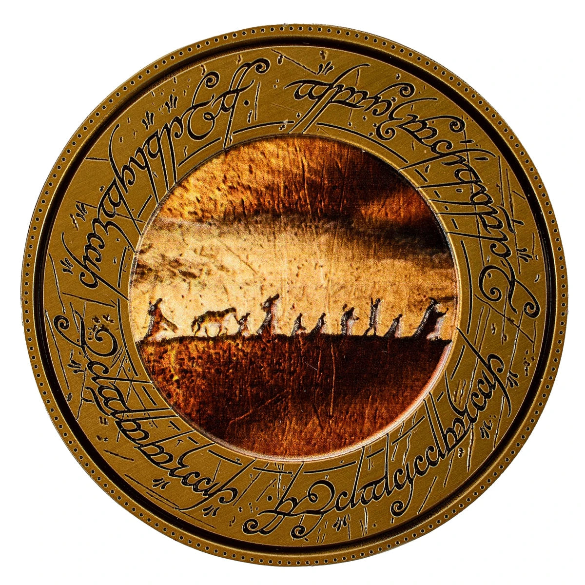 Lord of the Rings Fellowship Deluxe Coin face with the Nine Walkers silhouette and Elvish script ring