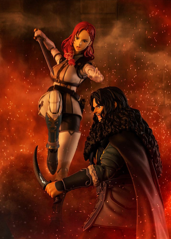 S.H.Figuarts Hera figure fighting a bearded warrior figure against glowing embers