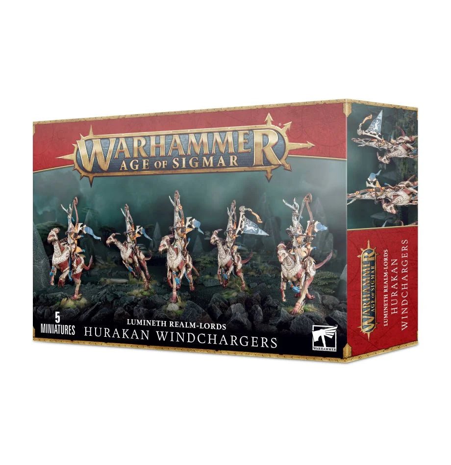Games Workshop Age of Sigmar Lumineth Realm-lords Hurakan Windchargers box front with five mounted archers