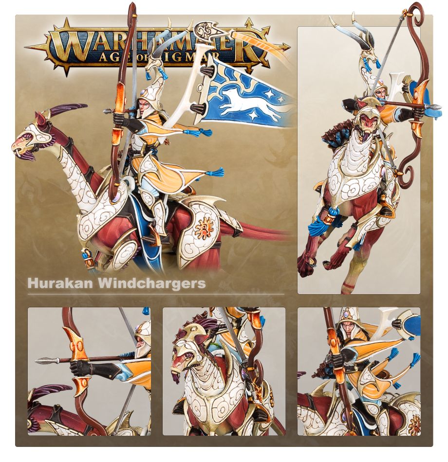 Lumineth Hurakan Windchargers showcase with close-ups of the bows, banner and treerunner mount heads