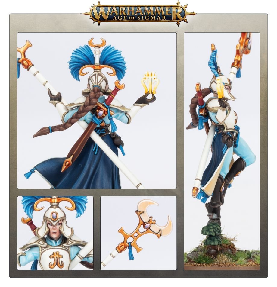 Close-up details of the painted Scinari Enlightener: blue-plumed helm, face, staff head and side view