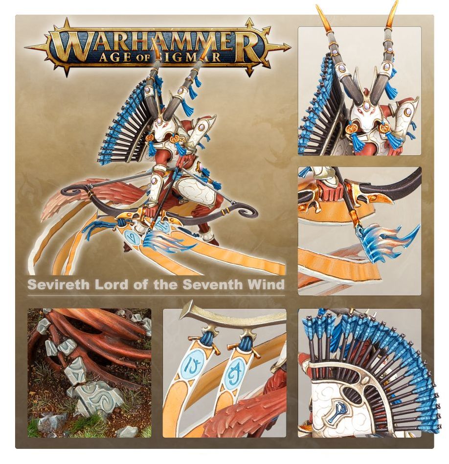 Sevireth showcase with close-ups of the painted bow, feathered crest and wind ribbons