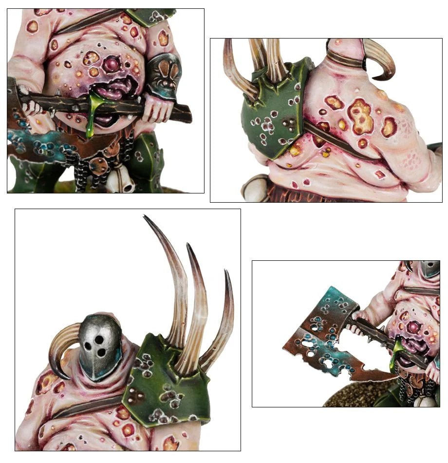 Lord of Plagues close-ups of the masked helm, diseased flesh, cleaver and green armour