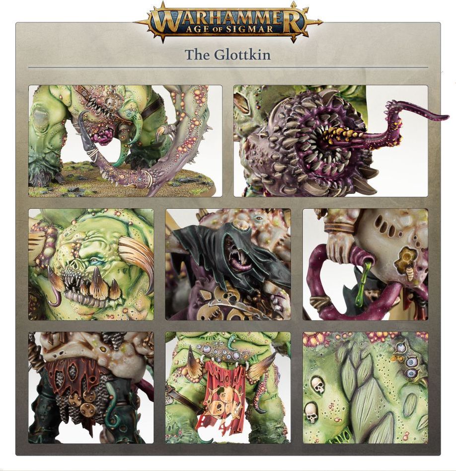 Close-ups of the painted Glottkin: tentacle maw, pustules, horned heads and rotting flesh
