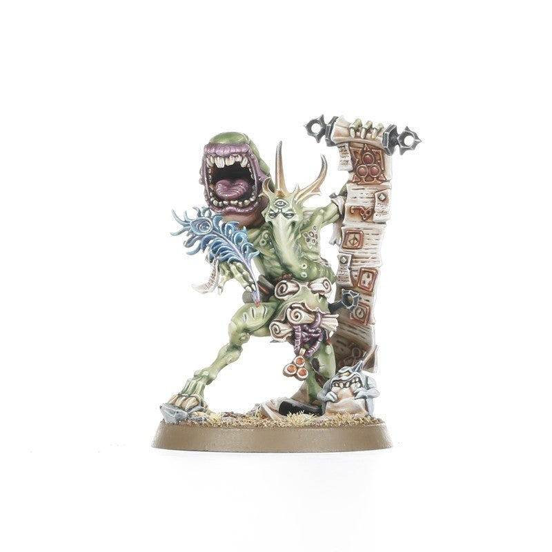 Painted Spoilpox Scrivener, Herald of Nurgle, front view on a 40mm round base