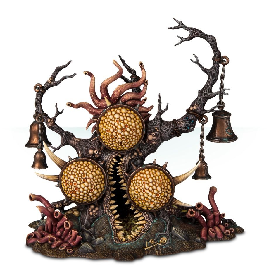 Painted Feculent Gnarlmaw terrain piece, front view with three pustulent maws