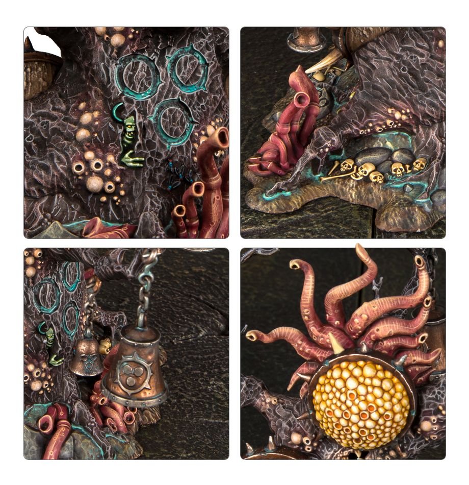 Close-up panels of Feculent Gnarlmaw bark, runes, bells and tentacled pustule