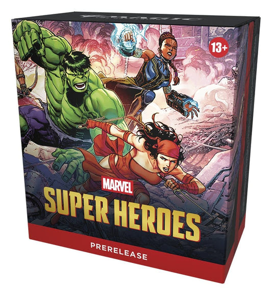 Magic: The Gathering Marvel Super Heroes Prerelease Pack box with Hulk and heroes on the front