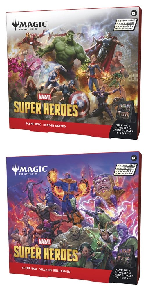 Magic: The Gathering Marvel Super Heroes Scene Boxes showing two designs with heroes and villains